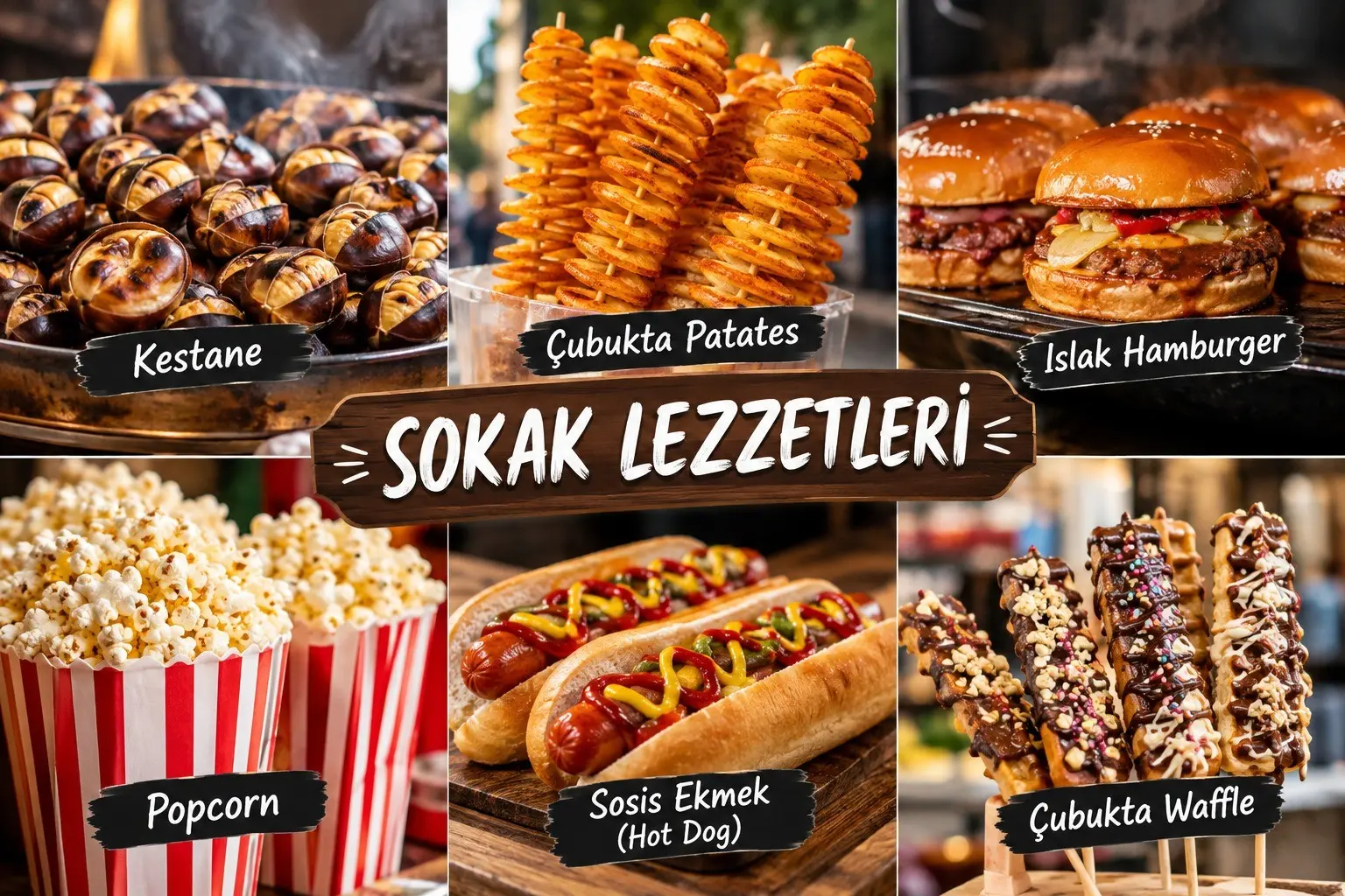 Sokak lezzetleri: kestane, çubukta patates, ıslak hamburger, popcorn, sosis ekmek ve çubukta waffle